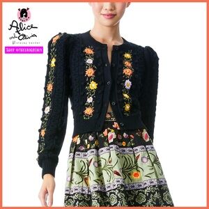Alice + Olivia Kitty Floral Puff Sleeve Wool Blend Black Cardigan Sweater